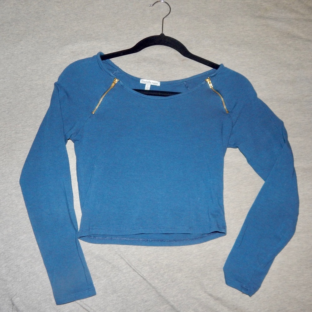 Blue Long Sleeve Crop Top - Zipper Shoulders
